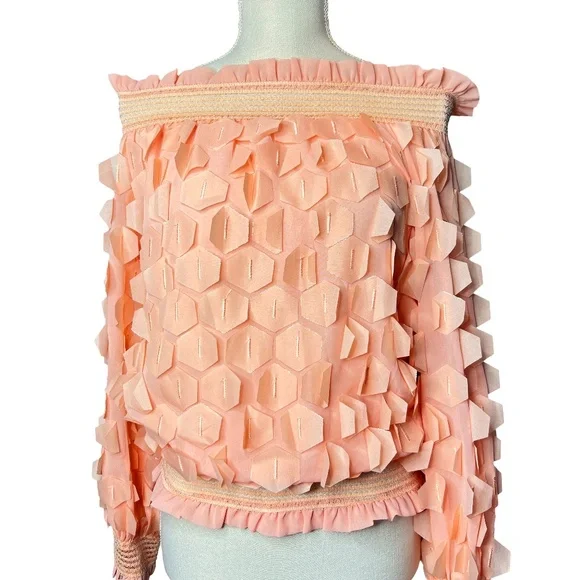 # A110 Nancy Romantic Peach 3d Hexagon appliqués Off-Shoulder Top NWT S - Picture 1 of 10